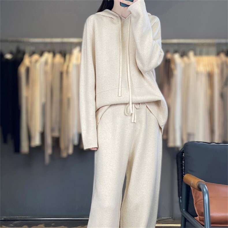 2025年秋季新款百搭女士抽绳加厚芝麻点连帽套装，女装羊毛衫，宛庄羊绒