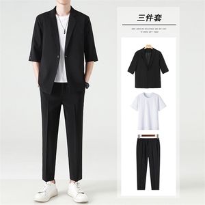 西装套装男春夏修身九分西裤男士休闲长裤子宽松五分袖西服三件套图片
