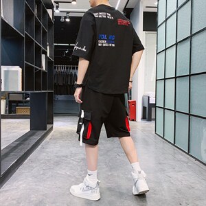 2023夏季棉质短袖t恤男潮流帅气宽松工装裤五分袖套装男F179P70图片