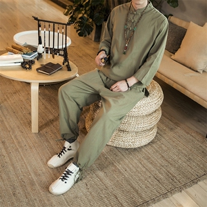 风夏季薄男士休闲套装瑜伽服禅服茶服唐装汉服两件套A801P85