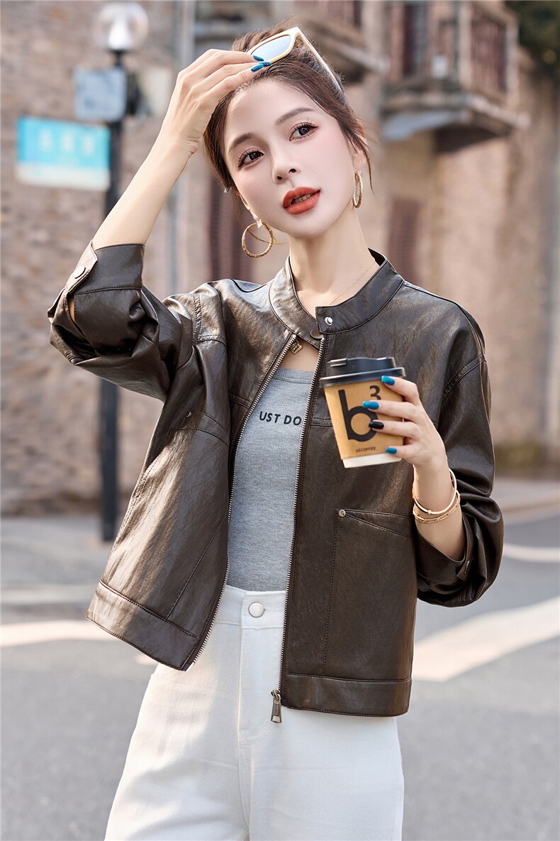 复古休闲立领短款皮衣外套女2025秋季新款小个子洋气百搭夹克上衣,女装皮衣,英标秀（1C119）