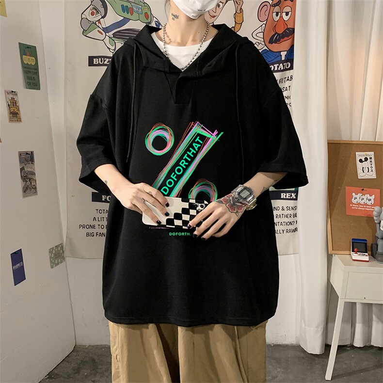 LD54171-P45连帽短袖t恤男大码胖子带帽五分袖中袖海报风,男装T恤,电商A040