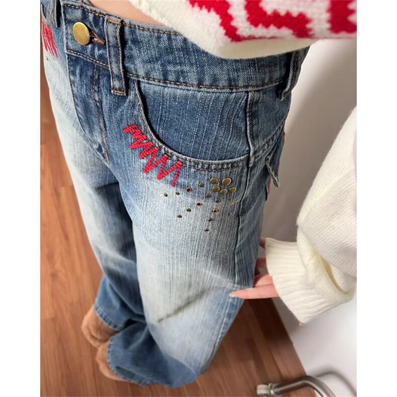 复古蓝刺绣阔腿牛仔裤女秋冬新款烫钉宽松显瘦拖地裤子NH03,男装牛仔裤,星座1116A（原606A-3）