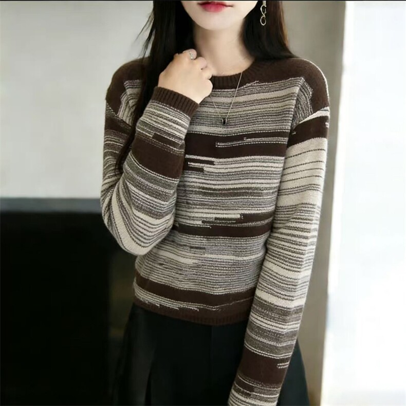 2026年秋季套头时尚百搭休闲彩纱条纹，女装针织衫/毛衣，暖姿羊绒