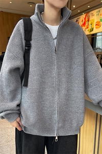 开衫双拉链毛衣男秋冬季潮牌设计感针织外套立领休闲情侣上衣图片