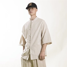 C251-P35中式复古做旧棉麻立领宽松衬衫风男士，男装衬衫，电商B323A