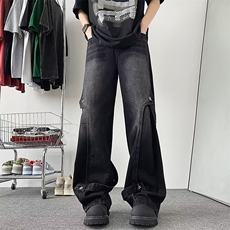 美式高街复古重工做旧牛仔裤男拼接直筒阔腿长裤线上，男装牛仔裤，星座716-4