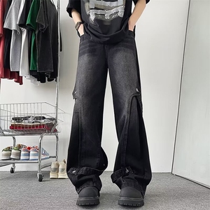 美式高街复古重工做旧牛仔裤男拼接直筒阔腿长裤线上图片