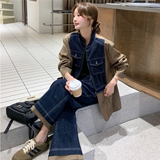 现货2025秋季新款牛仔拼接套装两件套，女装套装/套裙，2C120