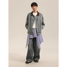 F4006-P642025春季新款复古做旧撞色翻领牛仔外套女宽松休闲，男装工装外套，电商B323A