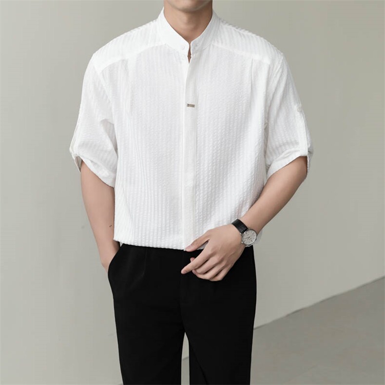 夏男立领条纹衬衫男休闲修身休闲衬衣轻熟风A236-82550-P60图片