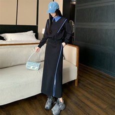 女春季撞色拼接收腰卫衣开叉半身裙两件套，女装套装/套裙，江南