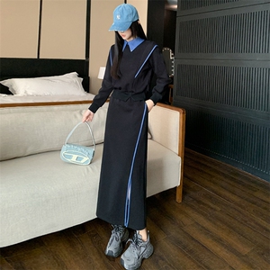 女春季撞色拼接收腰卫衣开叉半身裙两件套