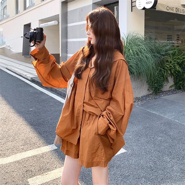 橘色防晒连帽外套短裤套装女夏2025新款减龄ootd两件套爆款超火,女装套装/套裙,2C085