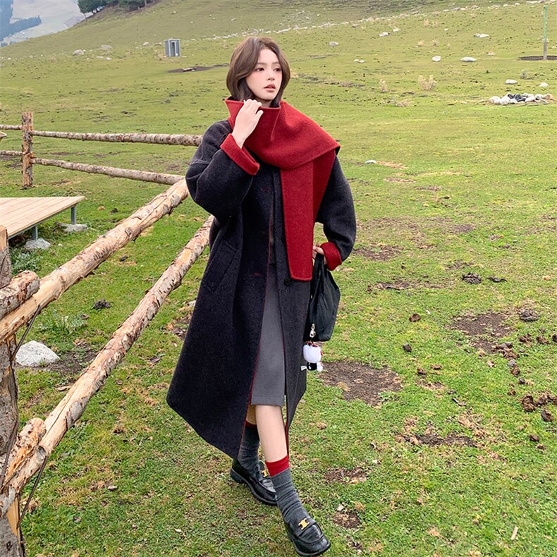 赫本风圆领撞色双面羊绒大衣女秋冬超火好看高级感中长毛呢厚外套,女装羊绒大衣,2B109
