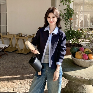 蓝色撞色衬衫领短款夹克外套女2026春秋新款韩系时髦减龄夹克显白图片