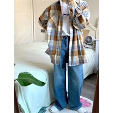 新款日系复古格子长袖衬衫女宽松设计感别致漂亮洋气衬衣CSA100，男装衬衫，星座208-5