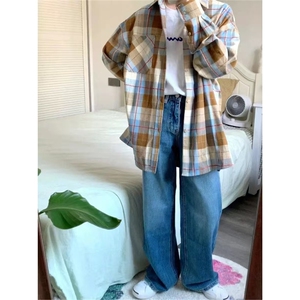 新款日系复古格子长袖衬衫女宽松设计感别致漂亮洋气衬衣CSA100图片