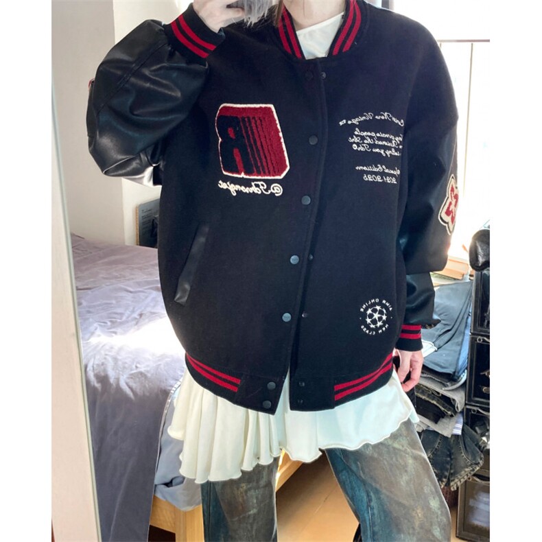 美式高街徽章拼接撞色棒球服男女春秋潮牌宽松字母刺绣夹克外套,男装夹克,星座601-1