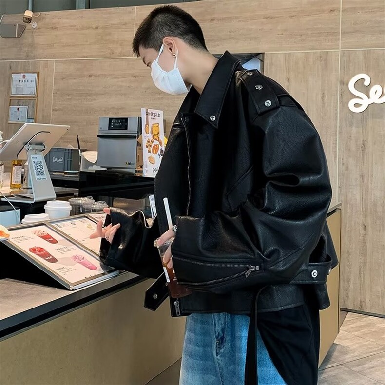 美式复古棕色短款皮衣外套男春秋季高级感痞帅设计感小众机车夹克,男装夹克,星座601-1