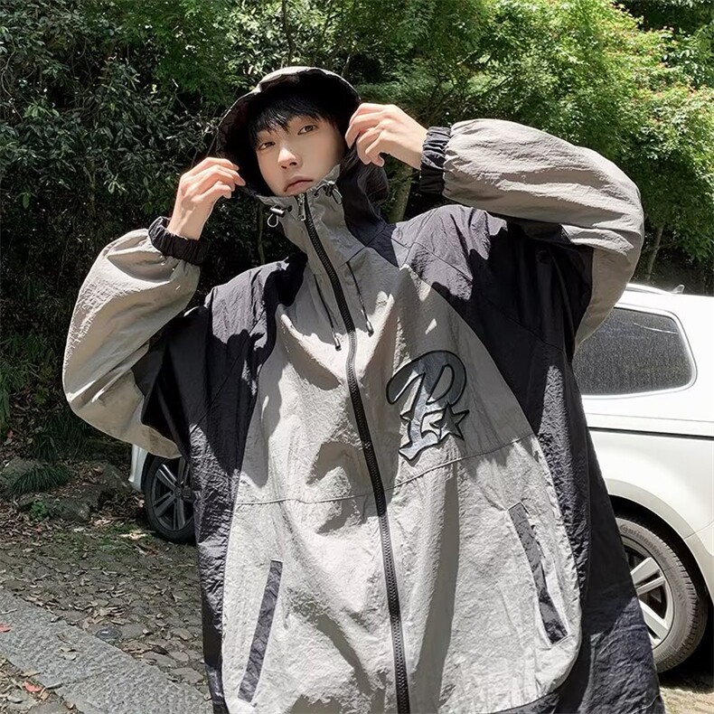 防晒衣男韩版潮流拼色字母刺绣连帽2023夏季新款ins外套W4826-P43,男装防晒衣,星座412-3