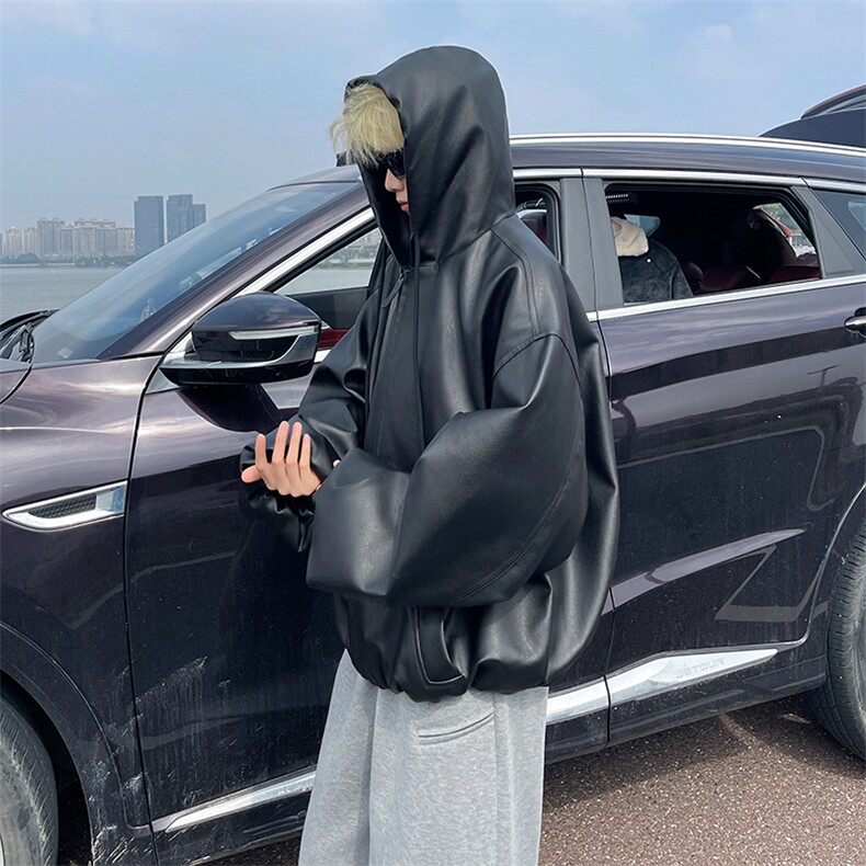 美式复古连帽皮衣外套男秋冬款痞帅高级感机车服潮牌PU皮夹克,男装夹克,星座410-6（原星座1304-1）
