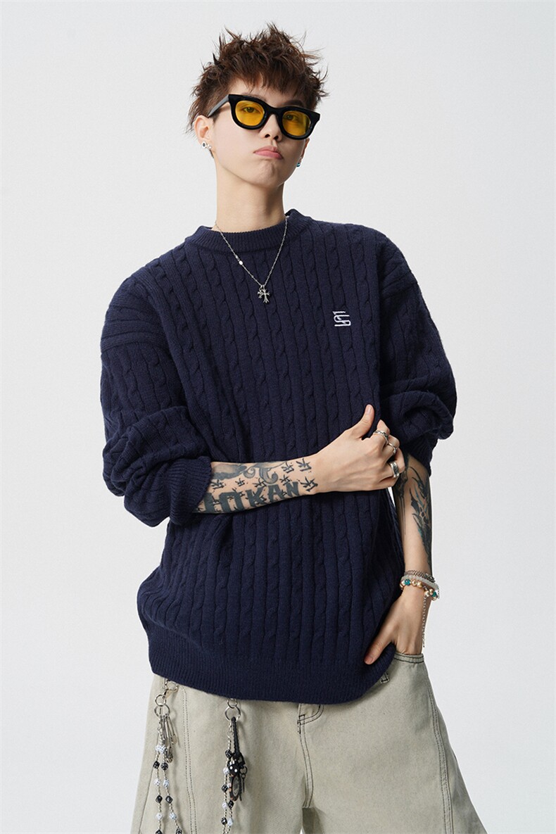 美式绞花刺绣毛衣男圆领麻花毛线衣复古针织衫外套MY1266-P68,男装针织衫/毛衣,电商D206-1