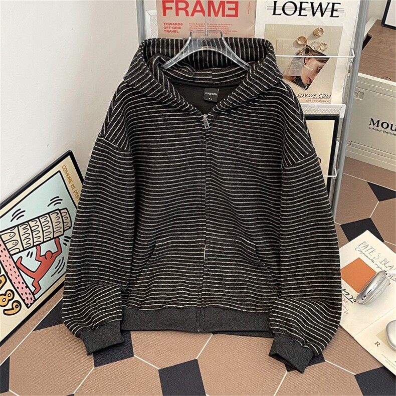 得物品质秋冬款男女连帽开衫卫衣条纹宽松运动外套WY6P75,女装短外套,星座1013-1