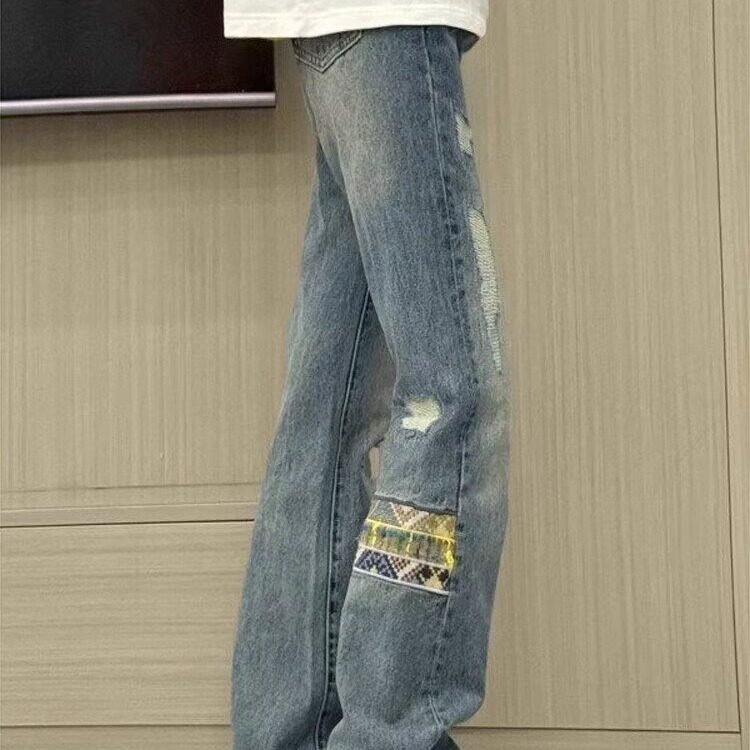 美式复古民族风拼接贴布牛仔裤男女高街cleanfit垂感直筒微喇裤潮,男装牛仔裤,星座1210-1