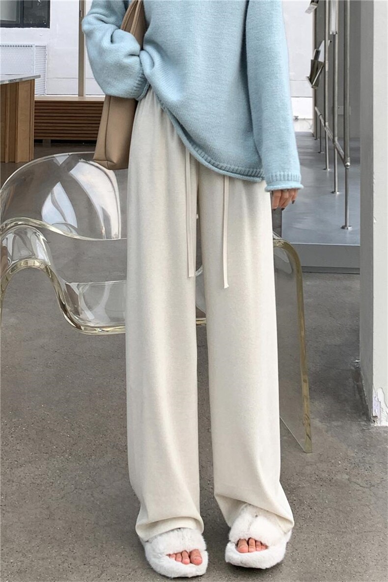 软糯毛巾裤女秋装高腰显瘦燕麦色直筒阔腿裤遛弯抖抖裤休闲裤,女装休闲裤,梦白服饰厂