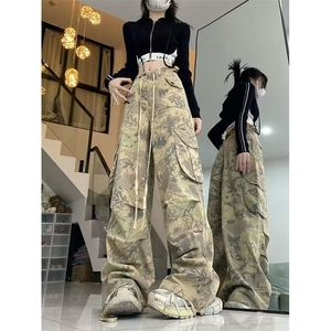 vibe迷彩工装裤女美式复古高街宽松阔腿hiphop裤子夏季AK970-P52图片