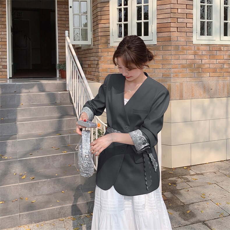 韩系独特超好看蕾丝飘带西装外套女2025春季新款超火减龄V领西服,女装西装,2C015