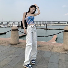设计感美式阔腿牛仔裤女直筒裤子原宿青少年日系潮夏季常规长裤，男装牛仔裤，星座1210-1