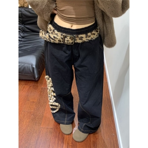 美式复古毛绒豹纹刺绣直筒牛仔裤宽松设计感百搭爵士舞拖地长裤图片