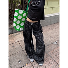 抽绳波点牛仔裤女宽松直筒裤子美式阔腿裤休闲拖地裤LNK0077-P50，男装牛仔裤，星座1008