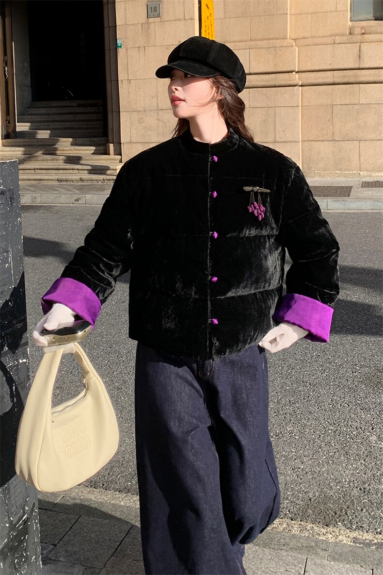 现货！（90新标带检）丝绒料新中式短款立领加厚保暖气质羽绒服女,女装羽绒服,衣秀之家