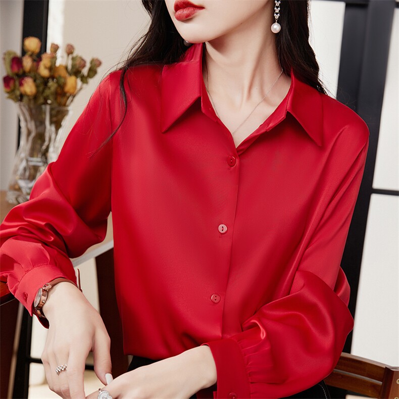 白衬衫女真丝气质长袖冰丝女衬衣上衣夏季丝滑缎面宽松POLO领漂亮，女装衬衫，元素羊绒