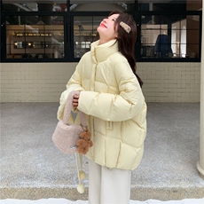 椰奶泡哑光羽绒服女2026冬季新款宽松黄色加厚外套面包服针织披肩，女装羽绒服，2C218