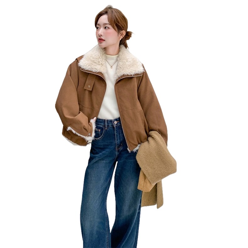 韩版宽松加厚保暖羊羔毛派克服女冬季短款PU皮复古休闲外套,女装棉衣/棉服,2C166