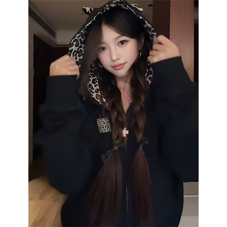 美式豹纹刺绣小猫咪短款外套男女秋冬2025新设计感拉链卫衣,女装短外套,四季星座505