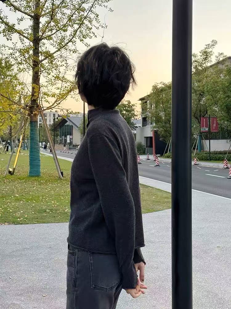 半高领卷边针织开衫时尚百搭,针织衫/毛衣,百纯羊绒