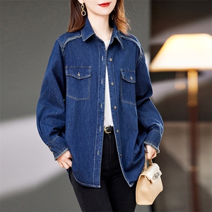 翻领单排扣牛仔衬衫外套女宽松2025中年妈妈百搭叠穿小个子衬衣潮图片