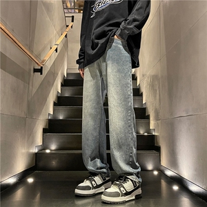 复古蓝牛仔裤男装大码加绒直筒oversize美式加肥加大日系阔腿裤子图片
