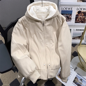 冬季加绒加厚连帽外套复古水洗宽松设计感夹克棉服图片