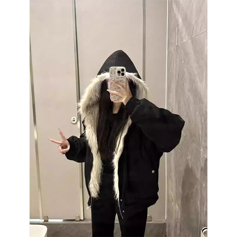现货高品质美式高街冬季重磅硬挺短款座山雕毛领棉衣男女加厚外套图片