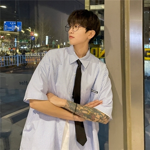 港风夏装2026新款短袖衬衫青少年男装半袖情侣衬衣HK14-P43领带3图片