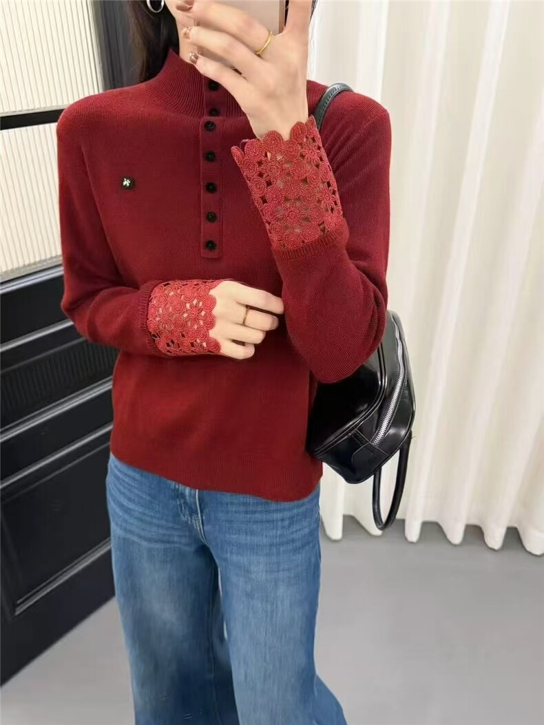 2025年秋季常规款通勤套头单件长袖蕾丝花边半纽扣半高,针织衫/毛衣,暖烁特种纱工厂店