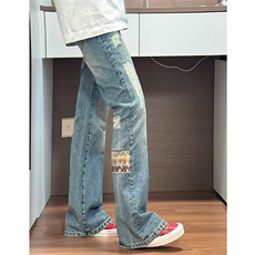 现货松紧腰民族风拼接刺绣贴布设计感牛仔裤610A-1-YK240-特55，男装牛仔裤，星座610A-1