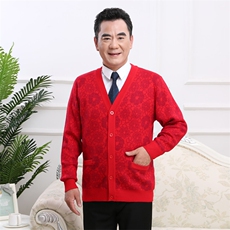 老年人毛衣男爸爸妈妈本命年情侣装爷爷奶奶红色开衫秋冬羊毛外套，男装中老年男装，亚东羊绒制品