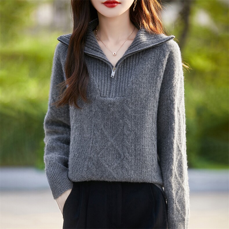 2025冬季半开拉链100%纯羊毛衫女高领绞花针织毛衣宽松慵懒羊绒衫,女装羊毛衫,暖烁羊绒